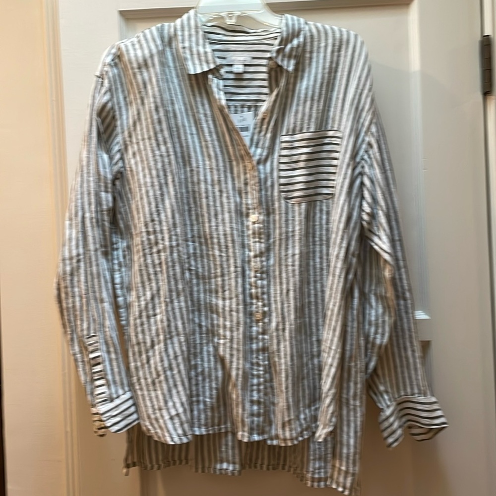 J Jill Love Linen Beach grey white striped shirt sz Medium